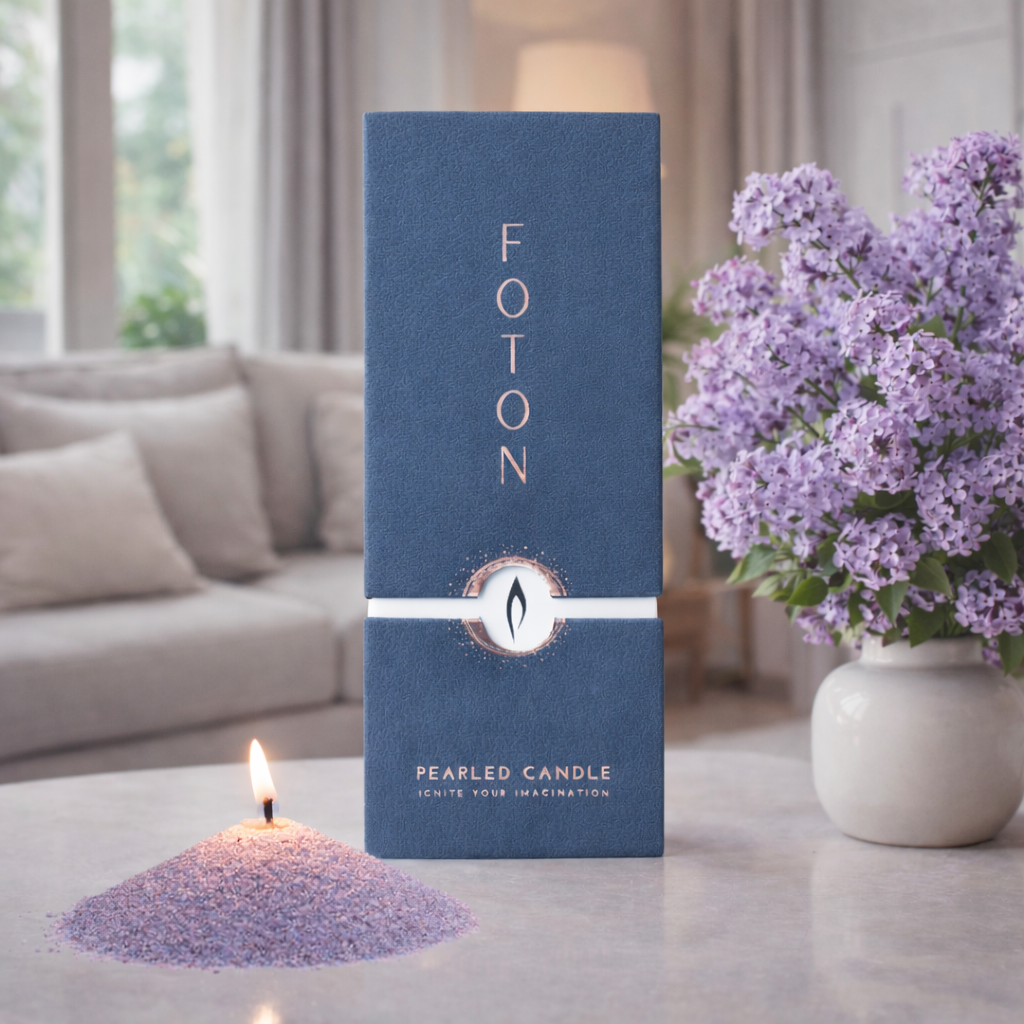 FOTON pearled candle with packaging and a vase of purple flowers in a living room setting