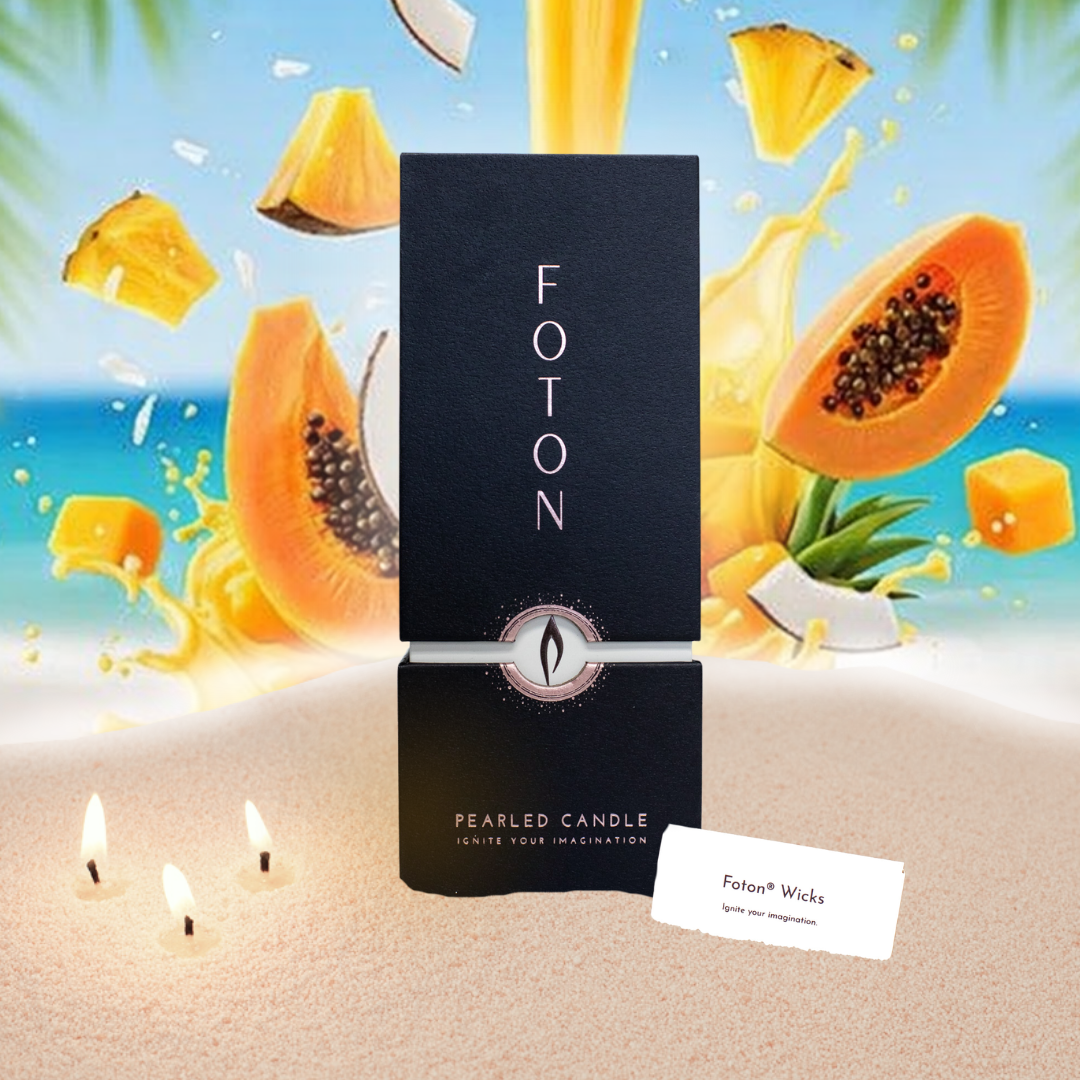 Foton pearled candle with a tropical-themed background featuring papaya and pineapple.