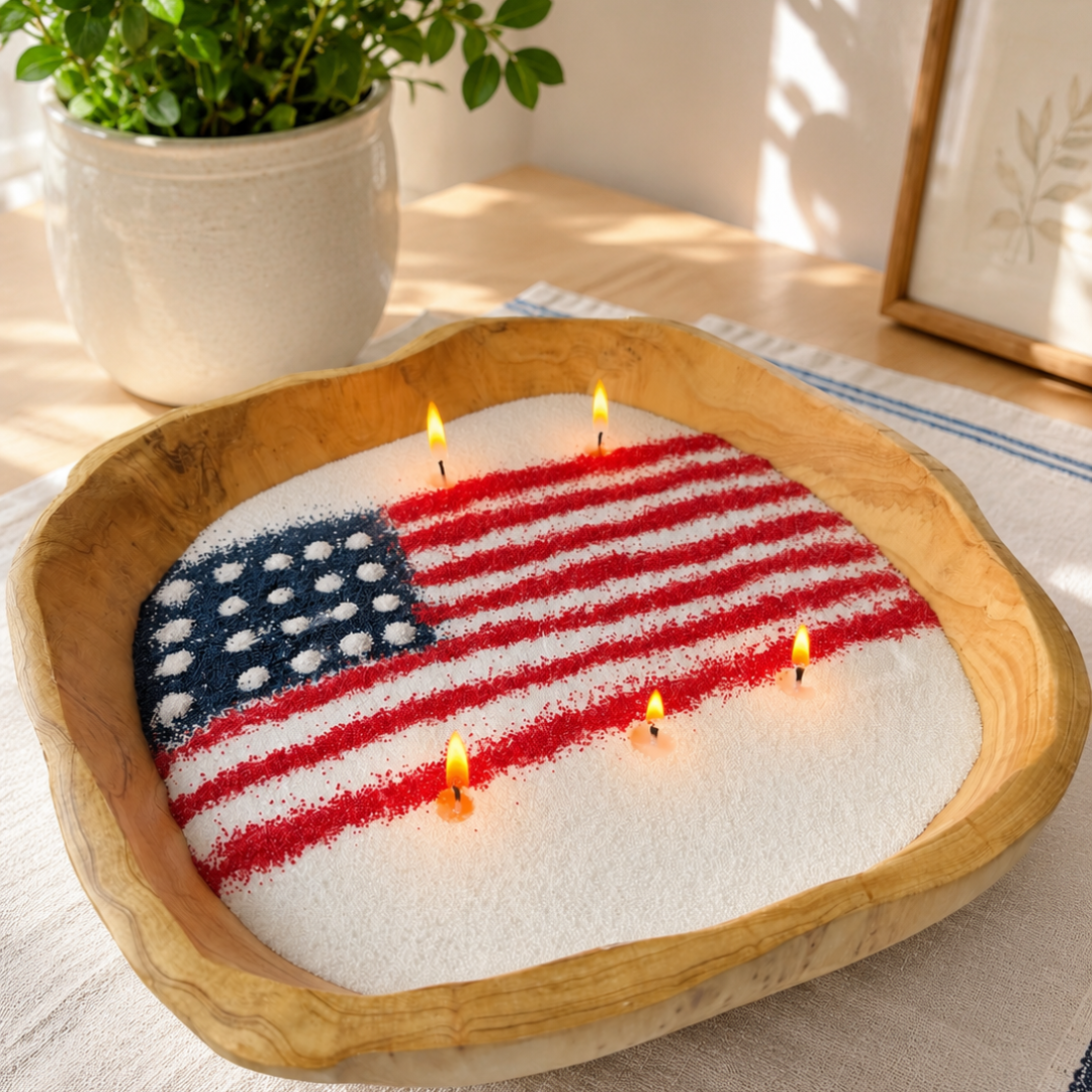 Handcrafted wooden bowl candle featuring a red, white, and blue American flag design made from pearled candle wax, with five glowing flames creating a cozy patriotic display in a sunlit home setting beside greenery and soft neutral decor.