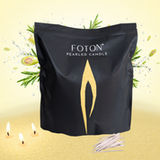 A vibrant, scent-forward product image showcasing the 64oz Foton pearled candle packaging against a fresh, citrus-inspired backdrop. Bursting with botanical elements and dynamic splashes, the scene highlights the fragrance profile while the glowing wicks and textured wax ground the product in warmth and sensory appeal.