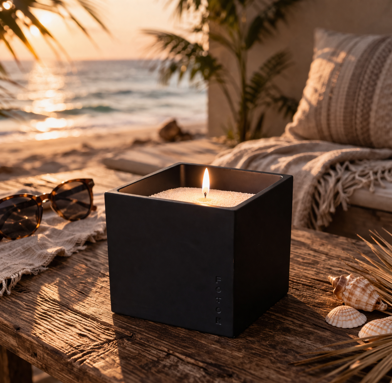 Lifestyle image of the black Le Cube candle styled in a warm, coastal setting at sunset, with soft golden light, ocean views, and natural textures creating a relaxed, beach-inspired ambiance that highlights the candle’s modern design and inviting glow.