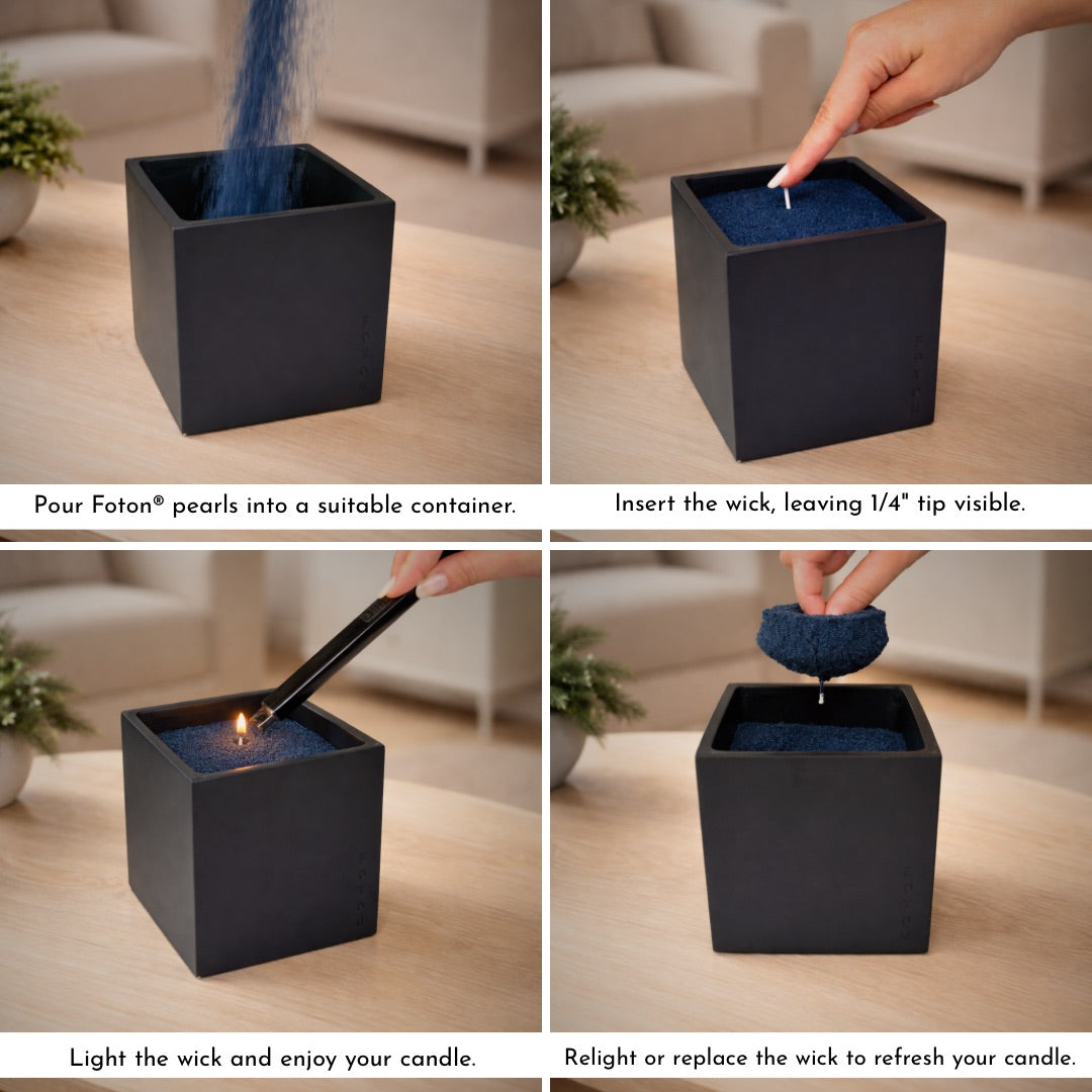 Step-by-step visual showing how to use the Foton Le Cube candle: insert wick, light, enjoy, and refresh, highlighting its refillable and giftable design.