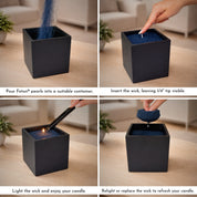 Step-by-step visual showing how to use the Foton Le Cube candle: insert wick, light, enjoy, and refresh, highlighting its refillable and giftable design.
