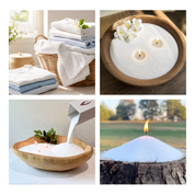 Fresh linen-inspired fragrance collage featuring neatly folded towels, soft textiles, bright white pearled candles, and airy home décor that conveys a clean and comforting scent experience.