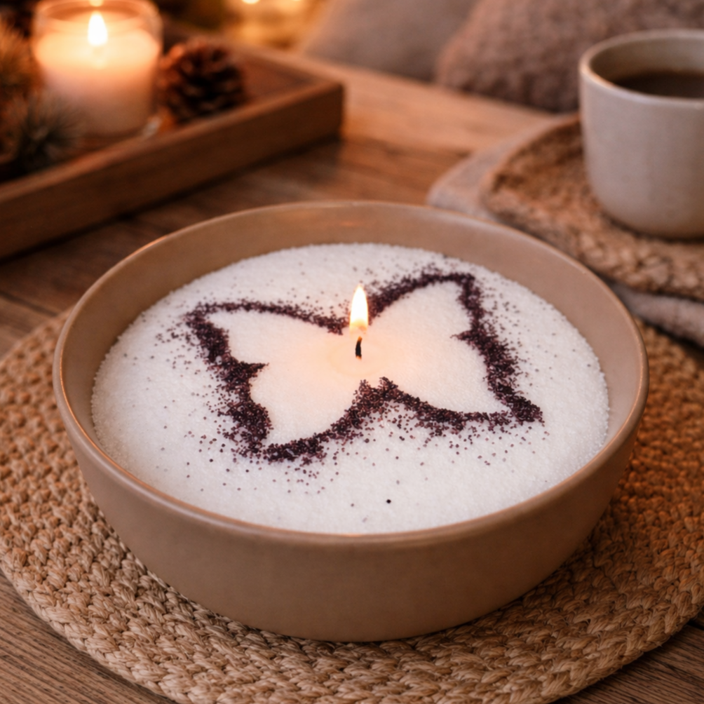 Cozy lifestyle image showcasing a candle bowl with a butterfly stencil design, softly glowing in a warm, inviting setting with natural textures, candlelight, and comforting elements that evoke a relaxing, creative, and personalized home experience.