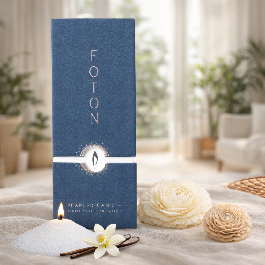 Lifestyle product shot featuring Foton pearled candle packaging styled with wax blooms, vanilla accents, and a softly lit candle, set against a bright, airy interior to evoke a clean, elegant, and inviting home atmosphere.