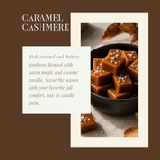 Promotional graphic introducing the Caramel Cashmere candle fragrance. The design features rich caramel cubes sprinkled with coarse sea salt alongside a description highlighting notes of rich caramel, warm maple, and creamy vanilla, presented in an elegant warm brown and cream color palette.