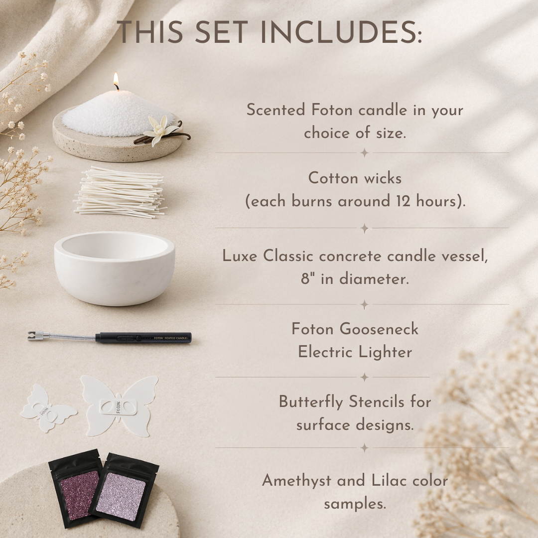Informational graphic showing contents of a FOTON candle set, including a pearled wax candle, cotton wicks, a white concrete vessel (8-inch diameter), an electric lighter, butterfly stencils, and color samples, with accompanying text descriptions on a neutral background.