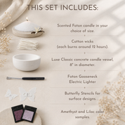 Informational graphic showing contents of a FOTON candle set, including a pearled wax candle, cotton wicks, a white concrete vessel (8-inch diameter), an electric lighter, butterfly stencils, and color samples, with accompanying text descriptions on a neutral background.