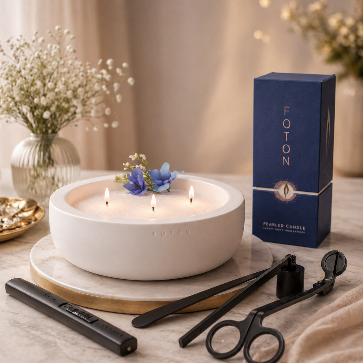 Styled product display featuring a white Luxe concrete bowl candle with three lit wicks and blue floral accents, placed on a marble surface. Nearby are a blue Foton Pearled Candle 18oz box and black candle care tools including an electric lighter, wick trimmer, wick dipper, and flame snuffer, with soft decorative florals in the background.