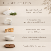 Informational graphic titled “This Set Includes” featuring a scented Foton candle set with pearled candle wax in a chosen size, cotton wicks with approximately 12-hour burn time, 15 wooden wicks with approximately 20-hour burn time, an 8-inch classic luxe concrete candle vessel, and a matching wooden lid.
