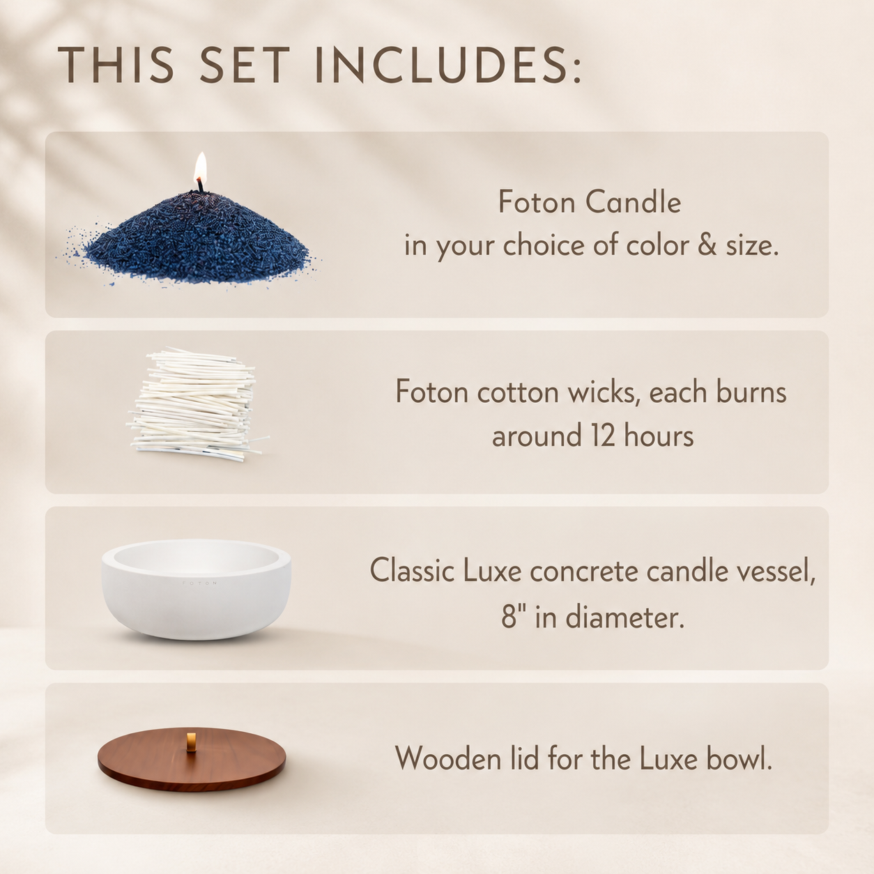 Infographic showing everything included in the Classic Outdoor Set: Foton Candle pearls in your choice of color and size, cotton wicks with approximately 12-hour burn time each, an 8 inch Classic Luxe Concrete Bowl, and a matching wooden lid.