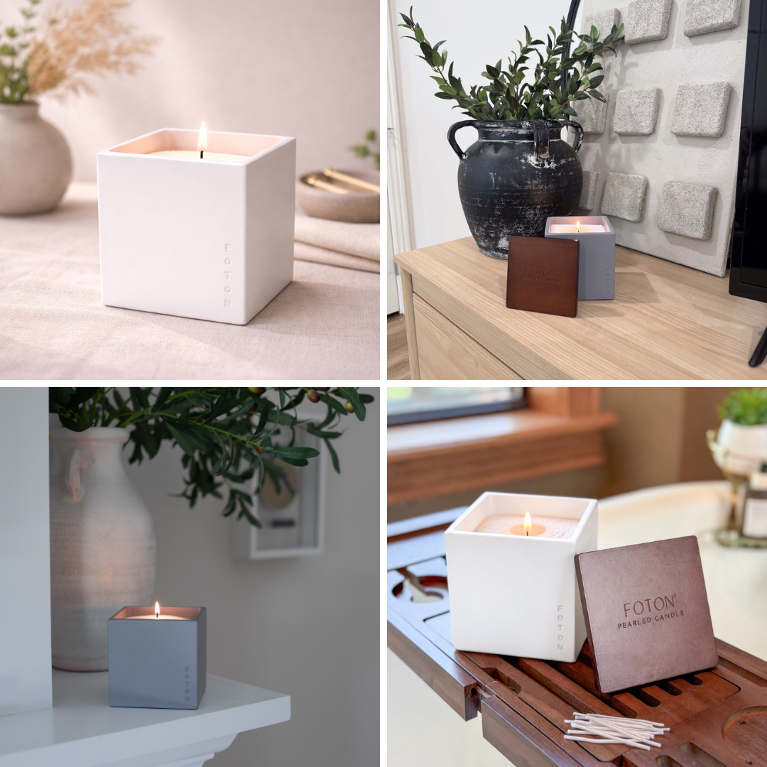 Lifestyle collage featuring the Foton Le Cube candle in different home settings, highlighting its clean, modern design and how it complements a variety of interior styles.
