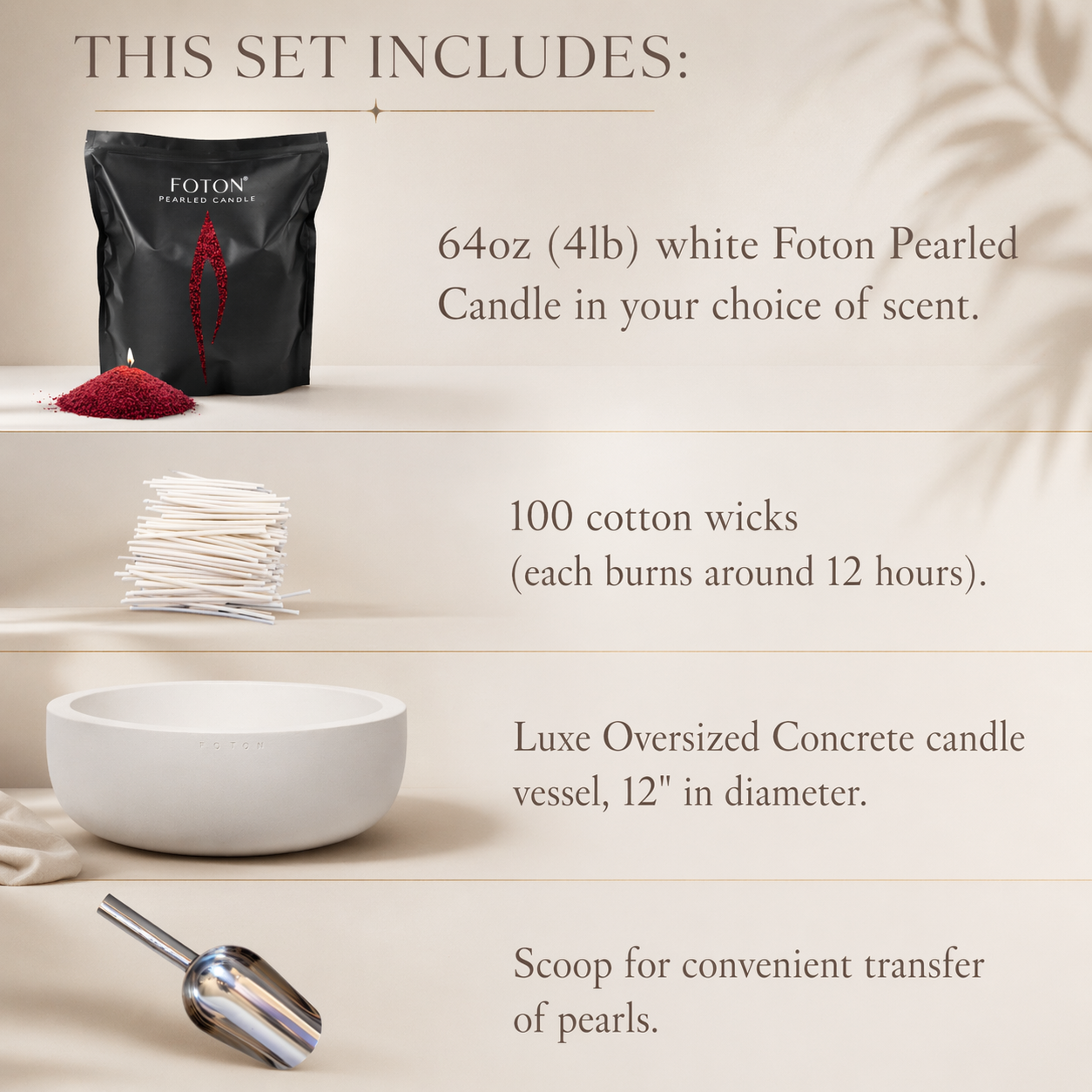 Product infographic titled “THIS SET INCLUDES:” showing a 64oz Foton Pearled Candle Grange bag with wax pearls, 100 cotton wicks, a 12-inch concrete vessel, and a metal scoop, each labeled and arranged in a clean, minimalist layout.