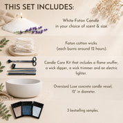 Promotional graphic titled “This Set Includes” showing a candle kit with a white Foton candle (scent and size of choice), cotton wicks with 12-hour burn time, a candle care kit with snuffer, dipper, trimmer, and electric lighter, a 12-inch oversized Luxe concrete vessel, and three sample packs, arranged on a neutral background.