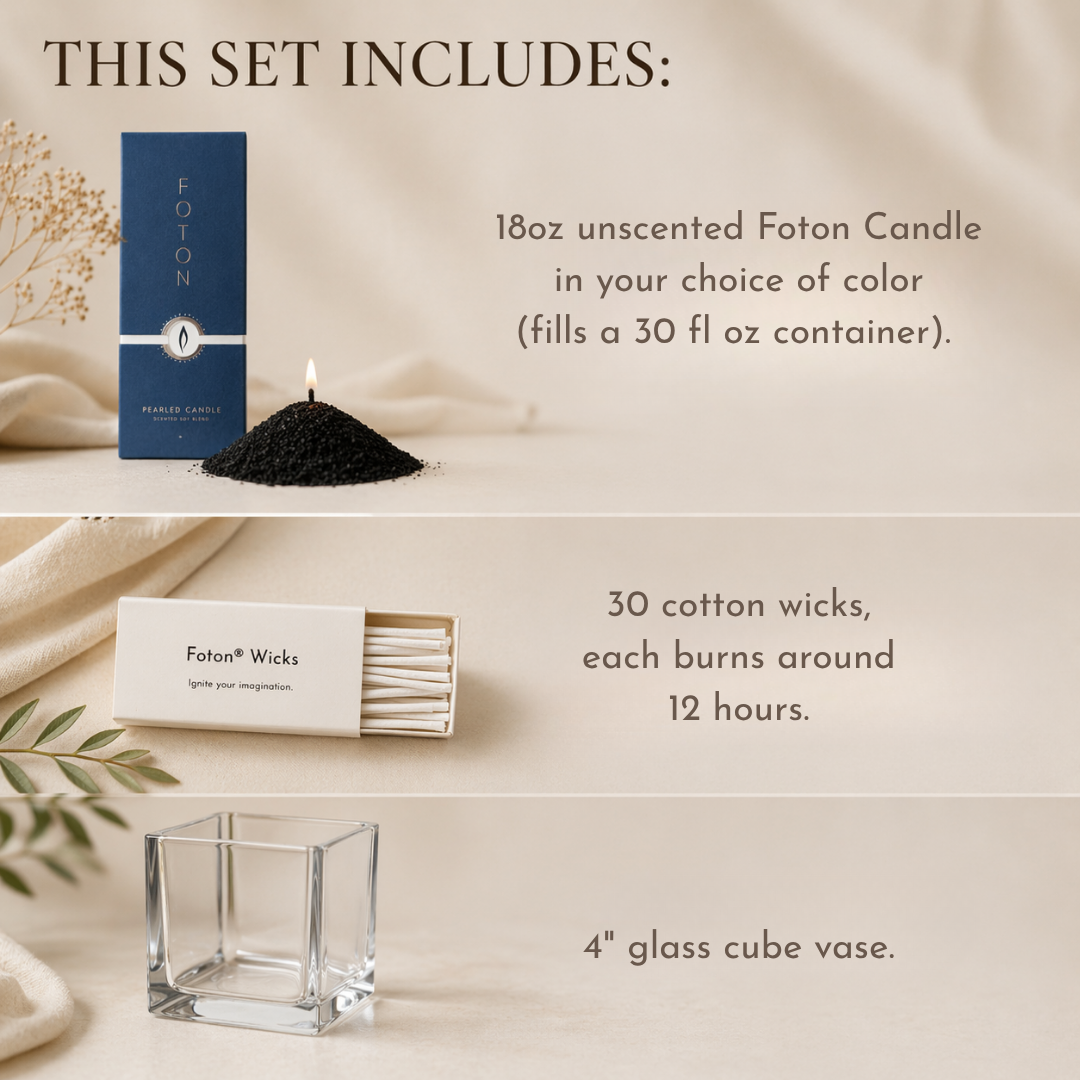 A clean, neutral product graphic presenting an unscented Foton candle set with customizable color options. The layout highlights an 18oz pearled candle, a box of cotton wicks with long burn time, and a clear 4-inch glass cube vase. Styled with soft textures and minimal botanical accents, the design conveys a simple, modern, and versatile candle-making set.