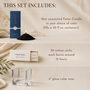 A clean, neutral product graphic presenting an unscented Foton candle set with customizable color options. The layout highlights an 18oz pearled candle, a box of cotton wicks with long burn time, and a clear 4-inch glass cube vase. Styled with soft textures and minimal botanical accents, the design conveys a simple, modern, and versatile candle-making set.