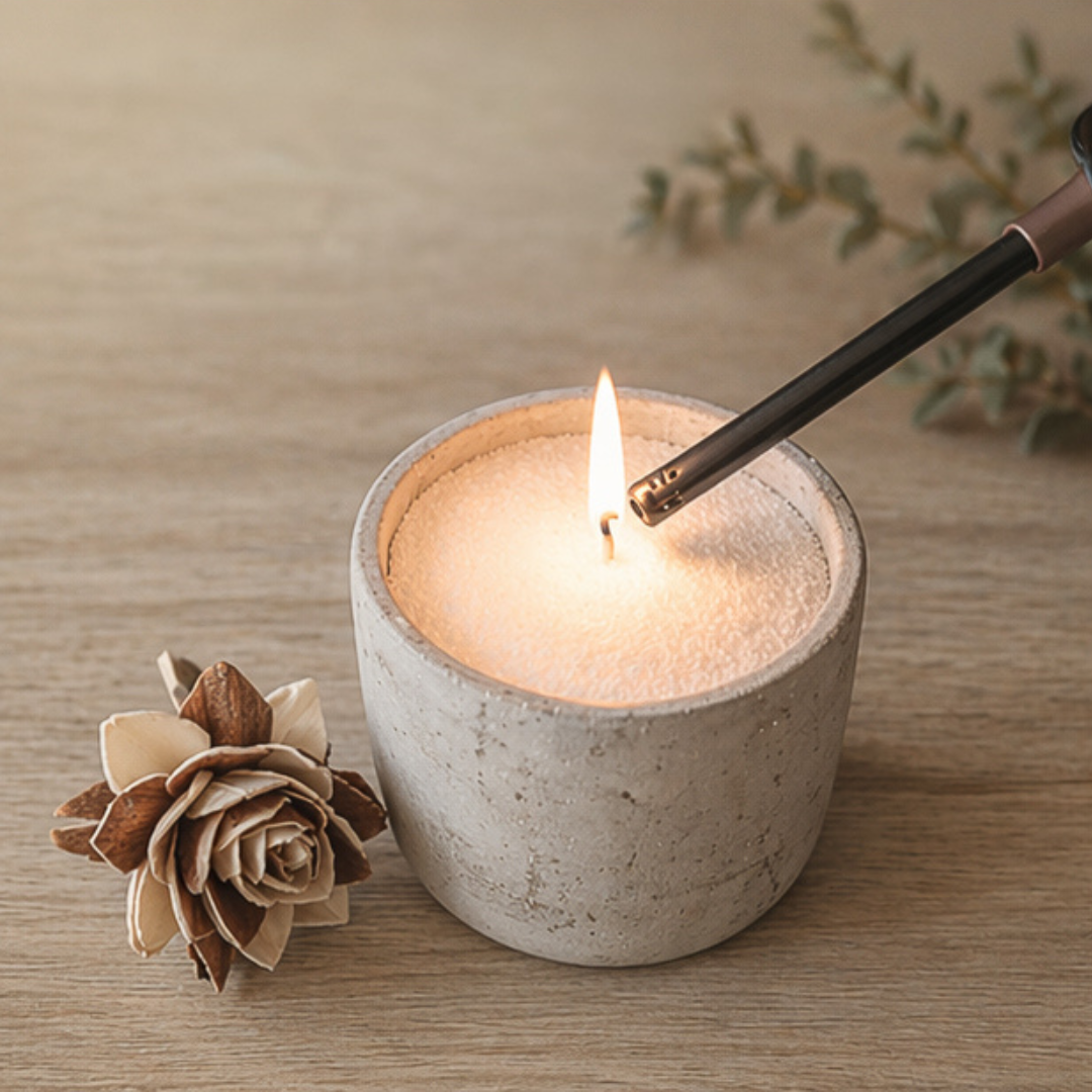 Close-up of a small concrete candle filled with white wax pearls as a black lighter ignites the wick. The candle sits on a wooden surface with a decorative dried flower nearby.