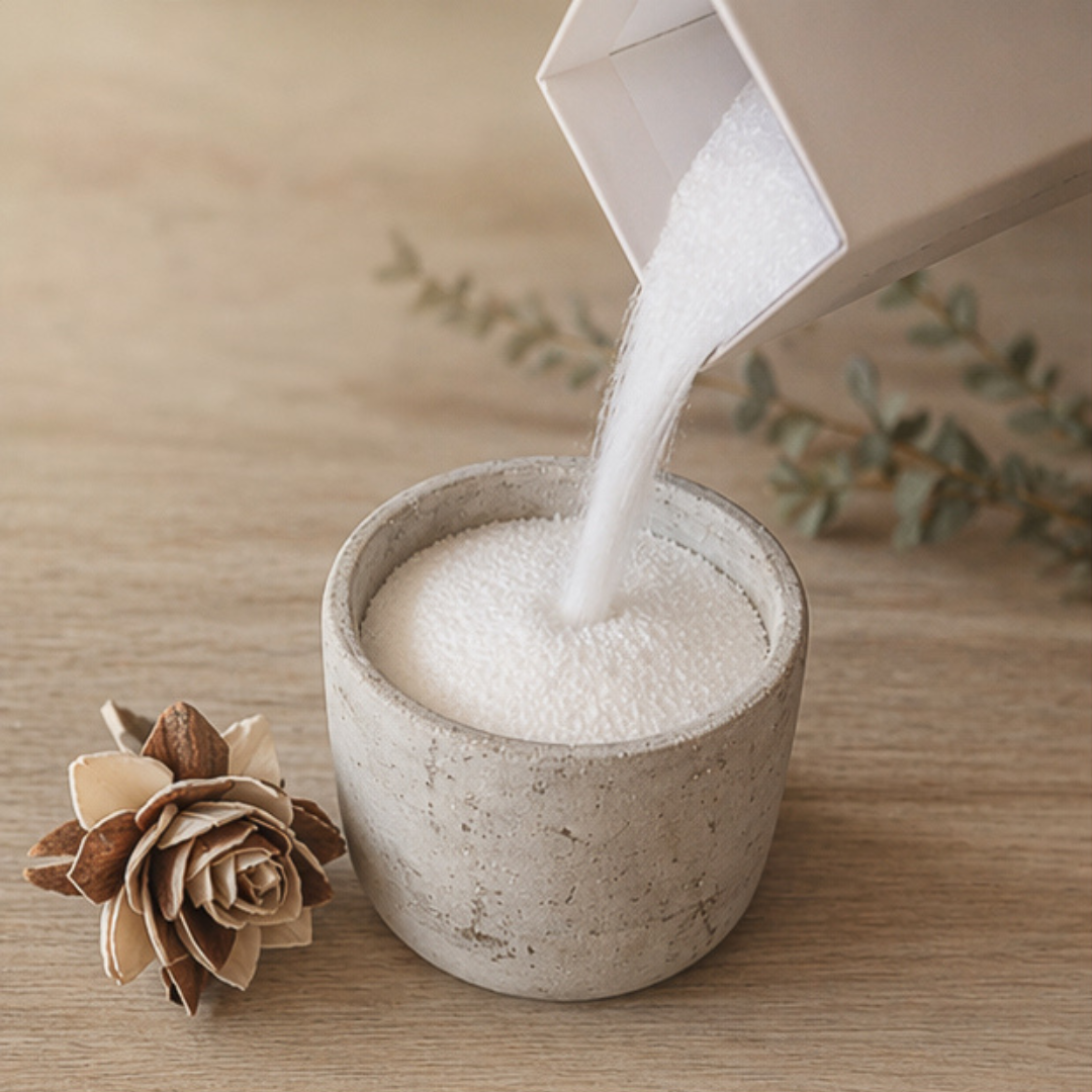 White wax pearls being poured from a container into a small concrete candle vessel on a wooden surface, with soft natural decor in the background.