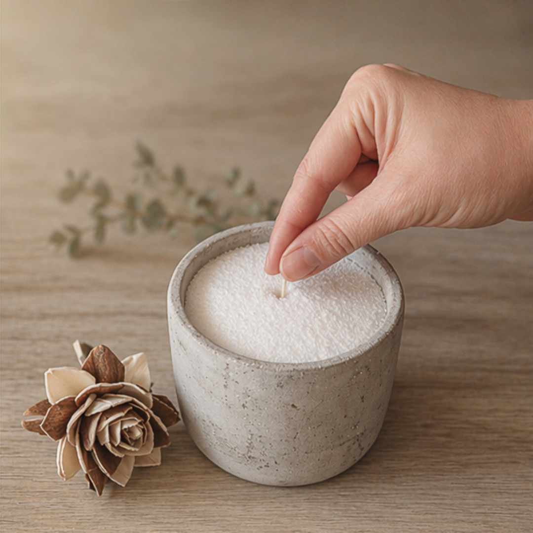 Hand inserting a wick into a small concrete candle filled with white wax pearls, showing the setup process on a wooden surface with minimal decor.