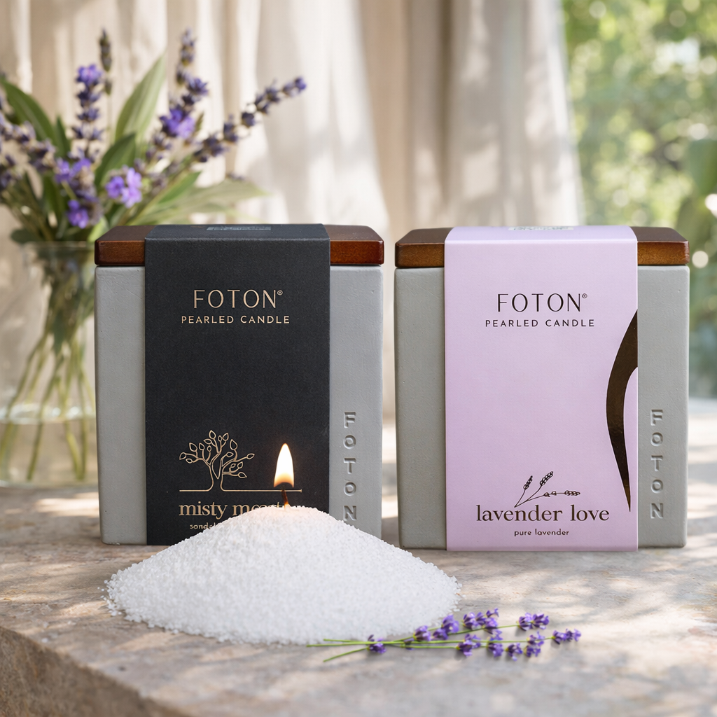Foton pearlled candles with packaging on a stone surface with lavender flowers.