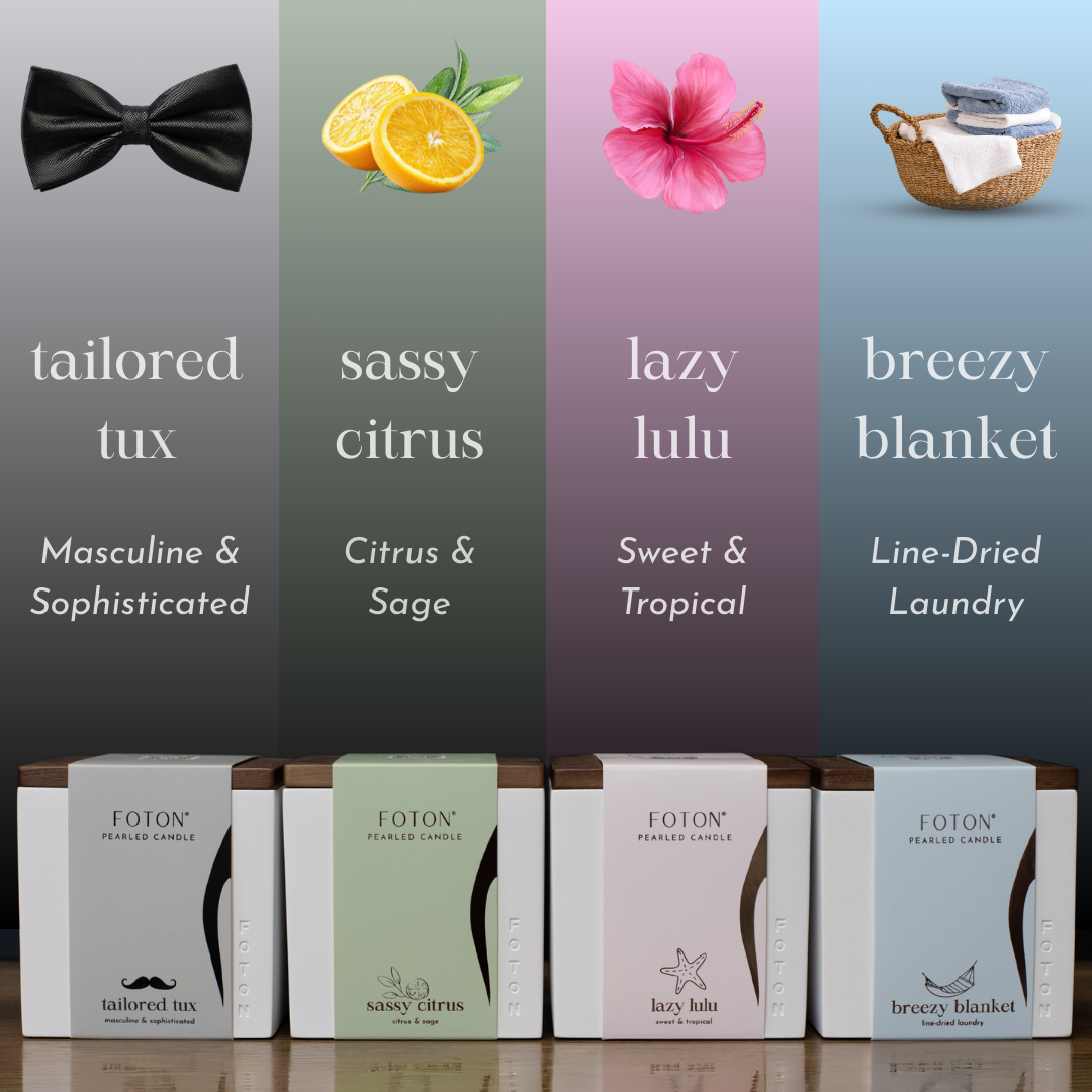 Graphic highlighting four Foton Le Cube scent options: Tailored Tux (masculine and sophisticated), Sassy Citrus (citrus and sage), Lazy Lulu (sweet and tropical), and Breezy Blanket (line-dried laundry), each paired with corresponding visual cues and packaging.