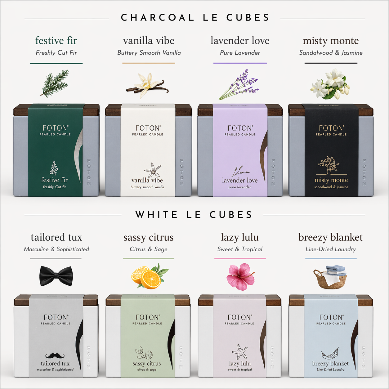 Grid display of Le Cube candle scent options, featuring two colors: Charcoal and White. The Charcoal line includes festive fir (freshly cut fir), vanilla vibe (buttery smooth vanilla), lavender love (pure lavender), and misty monte (sandalwood & jasmine). The White line includes tailored tux (masculine & sophisticated), sassy citrus (citrus & sage), lazy lulu (sweet & tropical), and breezy blanket (line-dried laundry), each shown with corresponding packaging.