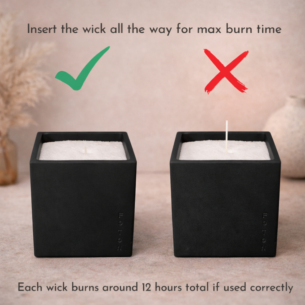 Instructional graphic showing correct wick placement: insert the wick fully into the pearls for optimal burn time (about 12 hours), with a comparison of correct vs incorrect positioning.