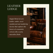Promotional graphic showcasing the Leather Lodge candle fragrance. The design features a luxurious leather armchair in a rustic lodge setting alongside a description highlighting notes of worn leather, amber, sweet sandalwood, and smoldering incense, presented in a sophisticated dark green, brown, and cream color palette.
