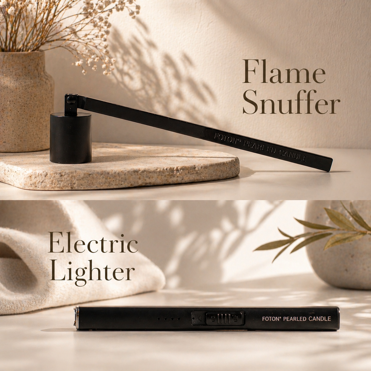 Split promotional image showing two candle accessories on a neutral background. The top section features a black flame snuffer resting on a stone surface with the text “Flame Snuffer.” The bottom section shows a slim black electric lighter labeled “Foton Pearled Candle” with the text “Electric Lighter,” styled with soft lighting and minimal decor.