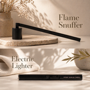 Split promotional image showing two candle accessories on a neutral background. The top section features a black flame snuffer resting on a stone surface with the text “Flame Snuffer.” The bottom section shows a slim black electric lighter labeled “Foton Pearled Candle” with the text “Electric Lighter,” styled with soft lighting and minimal decor.