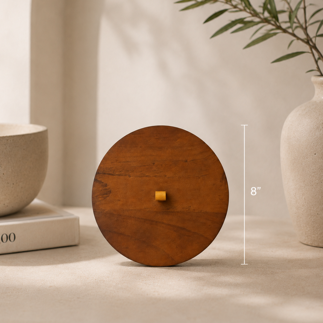 Classic 8 inch round wooden candle lid displayed against a warm neutral background with a clean dimension marker showing its diameter. The image highlights the natural wood grain, minimalist design, and compact size for the Luxe Concrete Bowl.