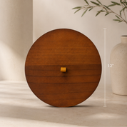 Oversized 12 inch round wooden candle lid displayed against a warm neutral background with a clean dimension marker showing its diameter. The image showcases the rich natural wood grain and minimalist design, making it easy to visualize the lid's larger size for the Luxe Concrete Bowl.