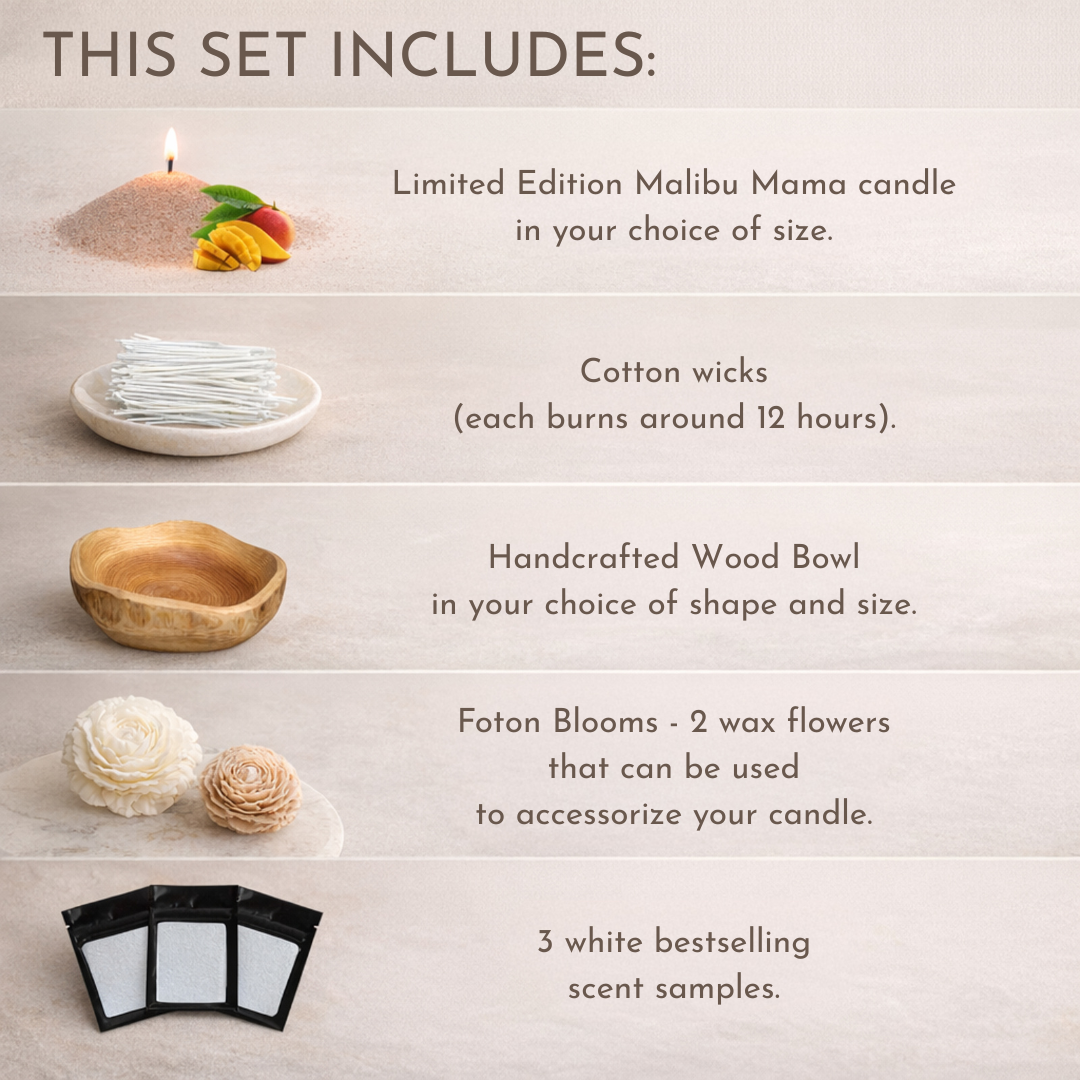 Product image highlighting Malibu Mama set contents: a limited edition Malibu Mama candle in your chosen size, cotton wicks with ~12-hour burn time each, a handcrafted wood bowl in your choice of shape and size, two Foton Blooms wax flowers, and three bestselling scent samples.
