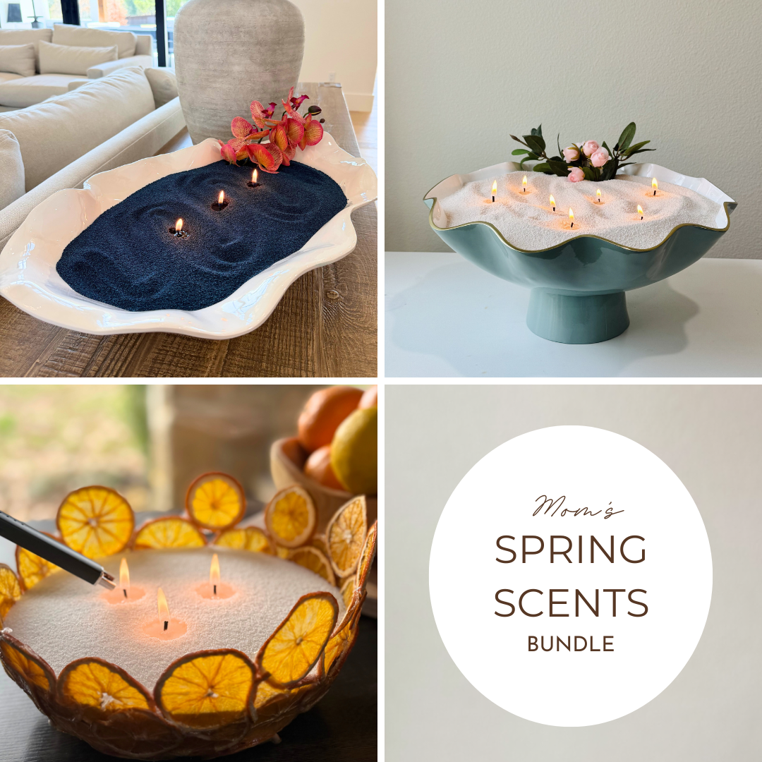 A collage showcasing three styled pearled candle setups in decorative bowls. One features dark navy wax with flowers in a modern living space (Bougie Berry), another shows a nude candle with multiple wicks in a green pedestal bowl (Malibu Mama), and the third is a citrus-themed candle surrounded by dried lemon slices being lit (Sassy Citrus). The final panel includes the text “Mom’s Spring Scents Bundle,” highlighting a curated, seasonal collection.