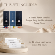 Informational graphic titled “This Set Includes:” showing a bundled set. Top section features three 18 oz Foton candles labeled Bougie Berry, Malibu Mama, and Sassy Citrus, with corresponding fruit and scent visuals. Bottom section displays three boxes of cotton wicks with text noting “3 x 30 wicks, each burns around 12 hours.”