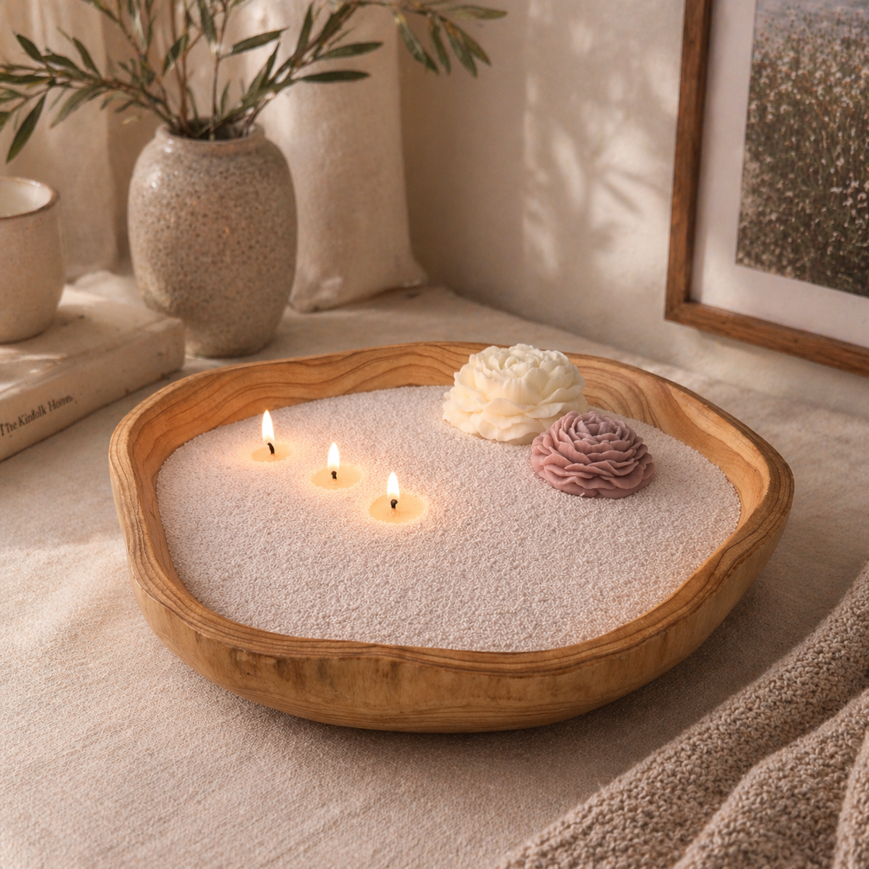 Large pearled candle in a handcrafted wood bowl with three small flames burning in beige wax beads, decorated with two flower-shaped wax accents, set on a soft fabric surface in a warm, cozy room.