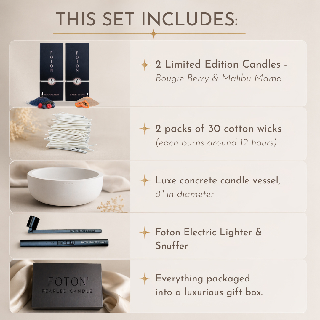 Promotional graphic titled “This Set Includes” showing a luxury candle kit. The image lists: two limited edition candles (Bougie Berry and Malibu Mama) with packaging and fruit imagery; two packs of 30 cotton wicks (each burns about 12 hours); a white 8-inch diameter Luxe concrete candle vessel; a black electric lighter and snuffer labeled Foton; and a black gift box. All items are presented on a neutral beige background with styled product photos.
