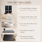 Promotional graphic titled “This Set Includes” showing a luxury candle kit. The image lists: two limited edition candles (Bougie Berry and Malibu Mama) with packaging and fruit imagery; two packs of 30 cotton wicks (each burns about 12 hours); a white 8-inch diameter Luxe concrete candle vessel; a black electric lighter and snuffer labeled Foton; and a black gift box. All items are presented on a neutral beige background with styled product photos.