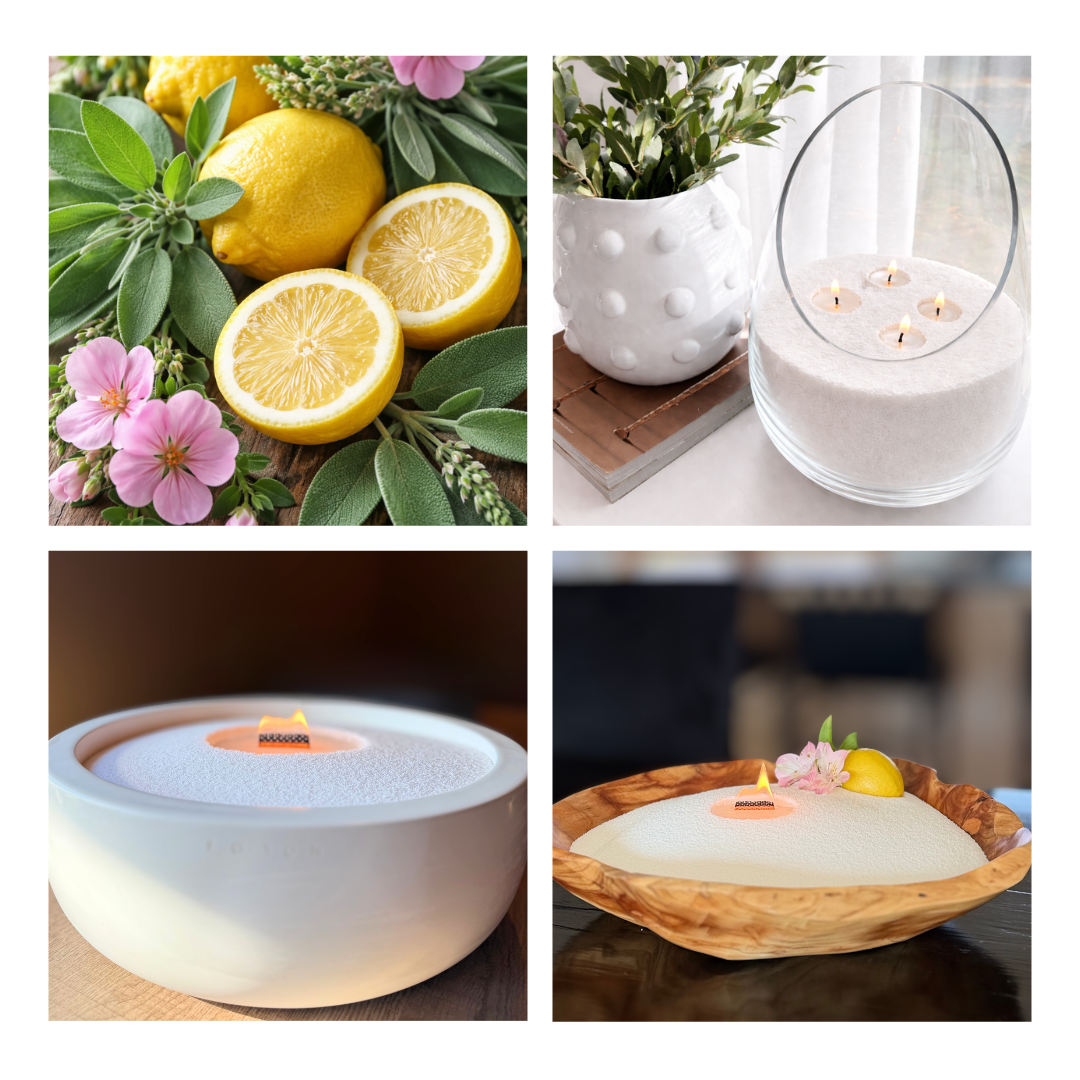 Four-image collage showing a citrus-themed candle setup:
Top left: fresh lemons, greenery, and pink flowers.
Top right: glass container with white candle pearls and multiple lit wicks beside a plant.
Bottom left: close-up of a lit wick in a white bowl candle.
Bottom right: wooden bowl candle with a single flame, decorated with lemon and flowers.