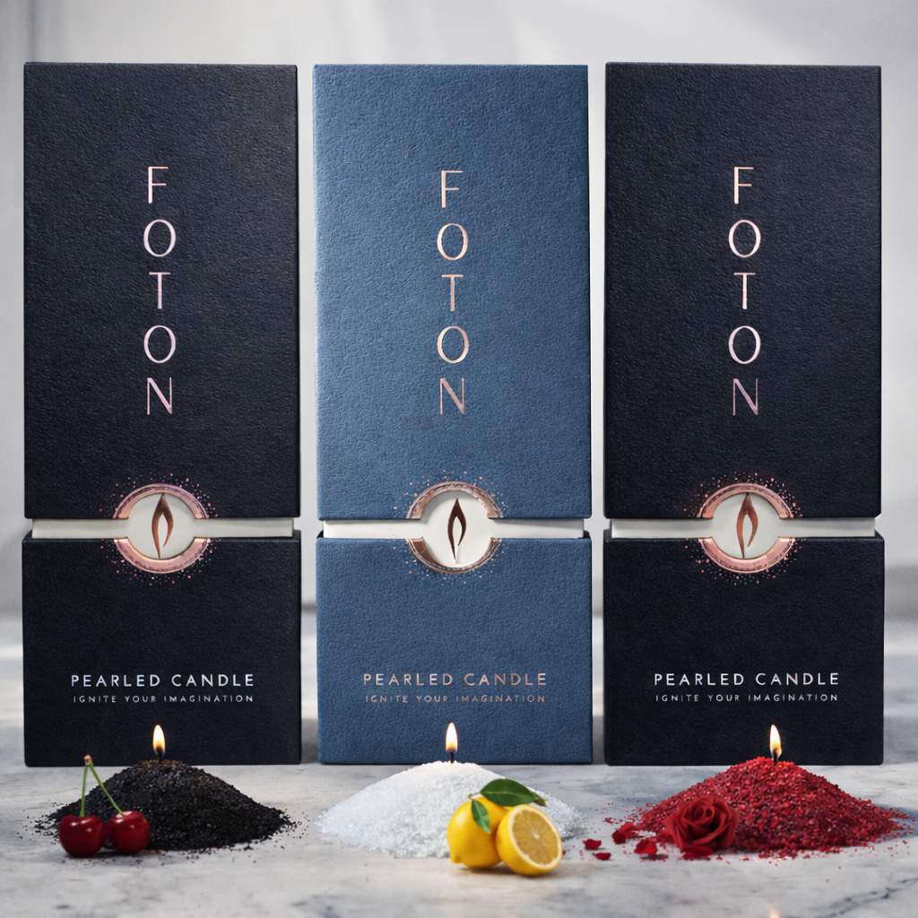 Three Foton pearled candle boxes with different scents displayed below - cherry, lemon and rose.