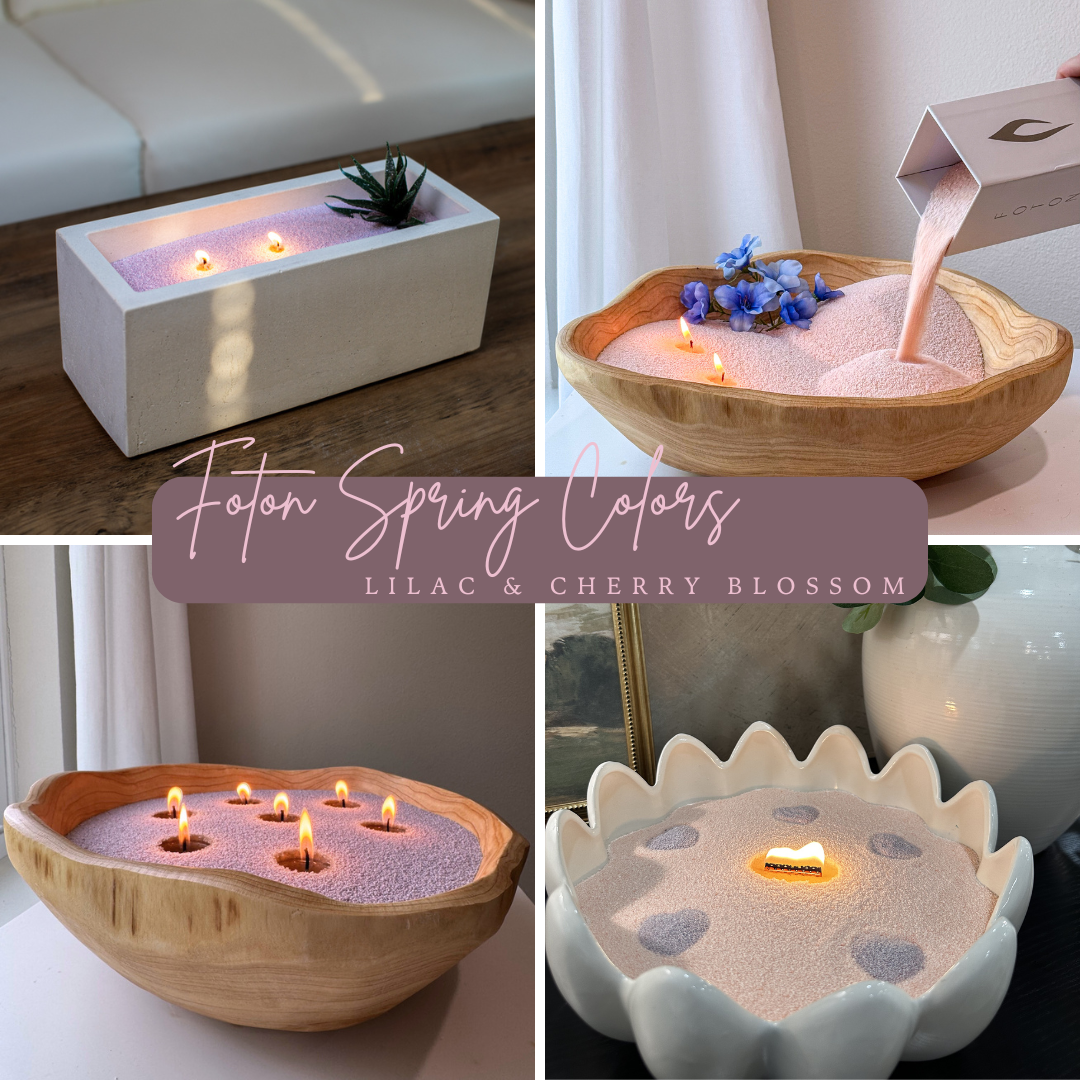 Collage of various candle holders with Foton Spring Colors' text overlay.