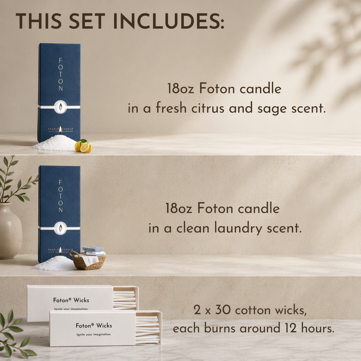 Informational graphic titled “This Set Includes:” featuring three items. Top section shows an 18 oz Foton candle with citrus and sage scent, labeled “18oz Foton candle in a fresh citrus and sage scent.” Middle section displays another 18 oz Foton candle with laundry-themed props, labeled “18oz Foton candle in a clean laundry scent.” Bottom section shows two boxes of cotton wicks with text reading “2 x 30 cotton wicks, each burns around 12 hours.”