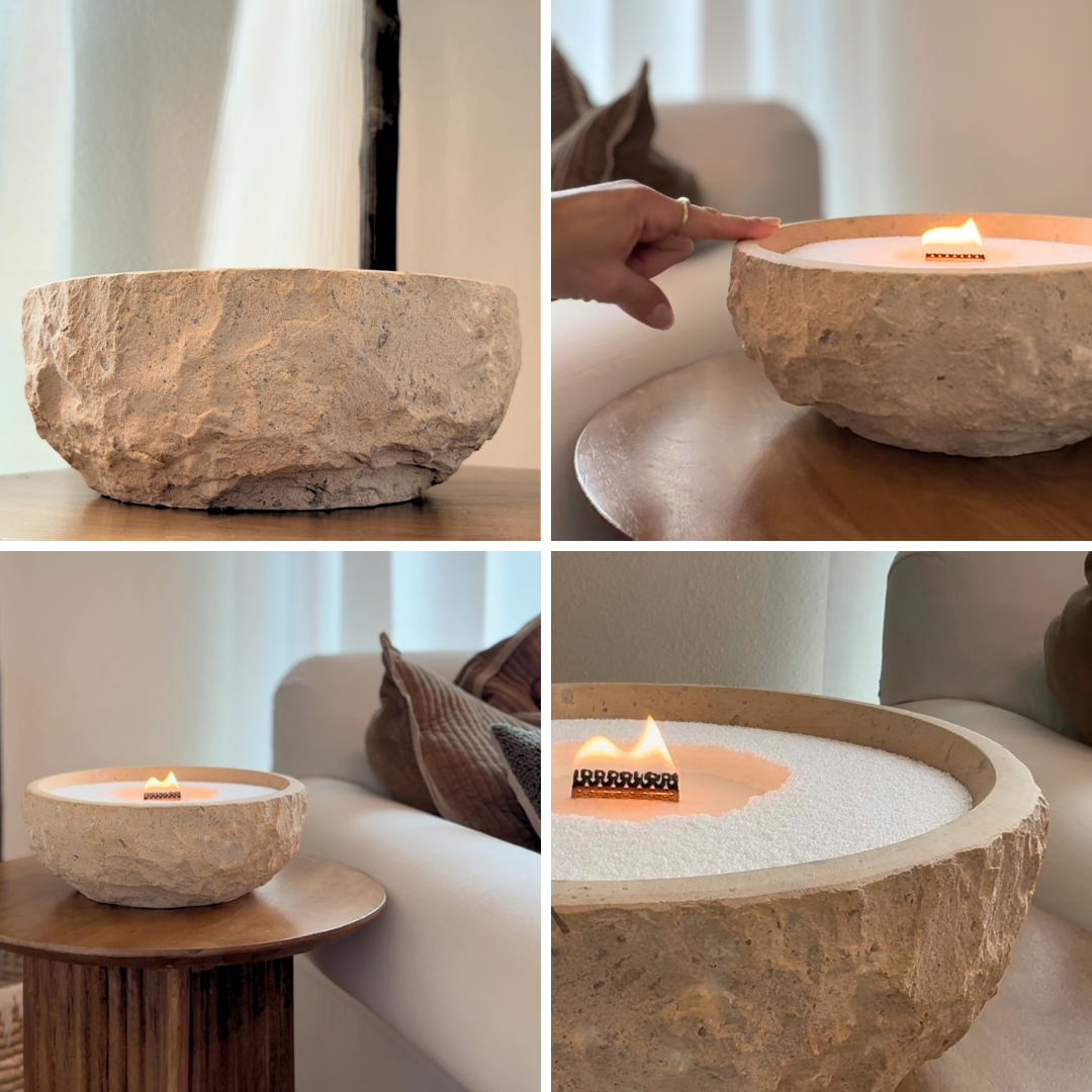 Four-panel collage showing a natural stone candle bowl, including a close-up of the textured exterior, a hand interacting with the lit wooden wick candle, a styled living room setup with the bowl on a side table, and a detailed view of the glowing flame in white wax pearls.