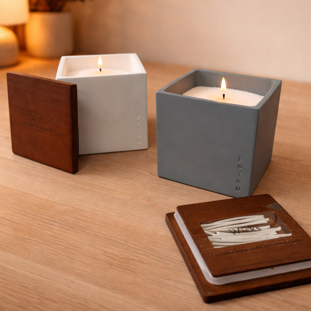 Lifestyle product image of two Foton pearled candles in minimalist square vessels, one in white and one in gray, both softly lit to create a warm, cozy ambiance. Accompanied by a wooden lid and a neatly arranged set of cotton wicks, the scene highlights the clean design, refillable concept, and modern home aesthetic.