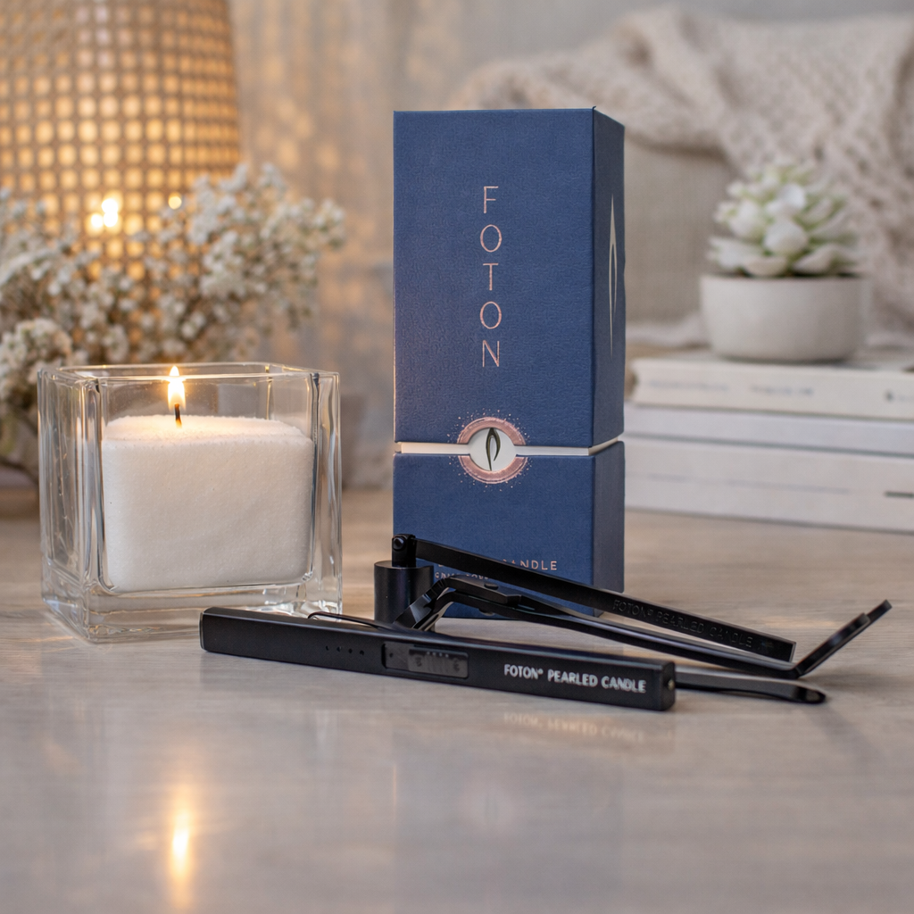 Styled product scene featuring the Foton candle gift set, including a glass candle with white pearls, branded packaging, and a candle care kit, presented in a warm, home décor setting.