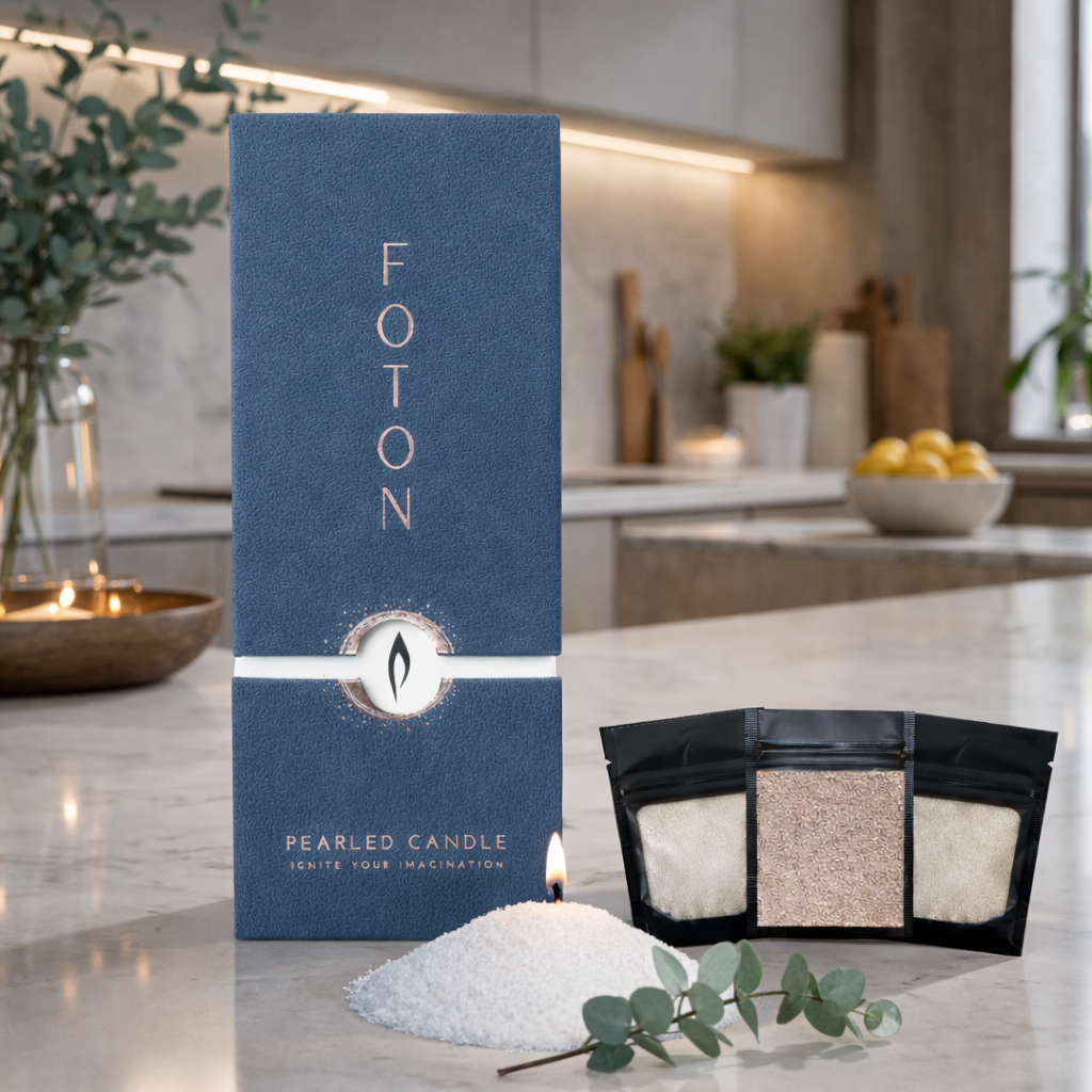 A clean, modern product shot featuring a Foton pearled candle 18oz box displayed on a kitchen countertop. The tall, navy-blue branded box stands prominently beside sample pouches of pearled wax in neutral tones, with a small lit mound of wax in front. Soft natural elements like eucalyptus and warm ambient lighting create a fresh, elevated atmosphere, highlighting the product’s minimalist design and lifestyle appeal.