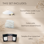 Informational graphic titled “This Set Includes:” showing three items. Top section features a small mound of white pearled wax with a lit wick and vanilla flower, labeled “Scented Foton candle in your choice of size.” Middle section shows a stack of white cotton wicks with text noting each burns around 12 hours. Bottom section displays three sample pouches of wax labeled “Samples of our current best sellers.”