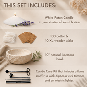 Promotional graphic titled “This Set Includes” showing a luxury candle set on a neutral background. The image lists: a white Foton candle in a chosen scent and size, shown as wax with a lit wick and lavender; 100 cotton wicks and 10 extra-large wooden wicks; a 10-inch natural limestone bowl; and a candle care kit with a flame snuffer, wick dipper, wick trimmer, and electric lighter, all displayed with styled product visuals.
