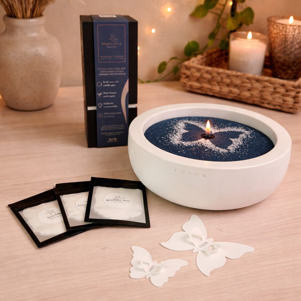 Lifestyle image highlighting a complete Foton candle set, featuring a Luxe concrete bowl candle with decorative stencil design, scent samples, and accessories, styled in a warm, cozy setting with soft lighting to emphasize creativity, customization, and a premium gifting experience.